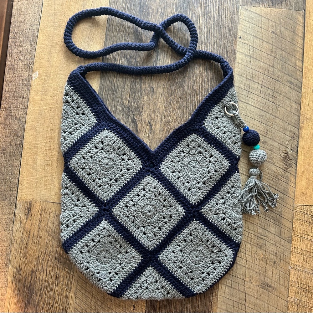 HANDMADE Grey / Navy Crochet Tote Bag
